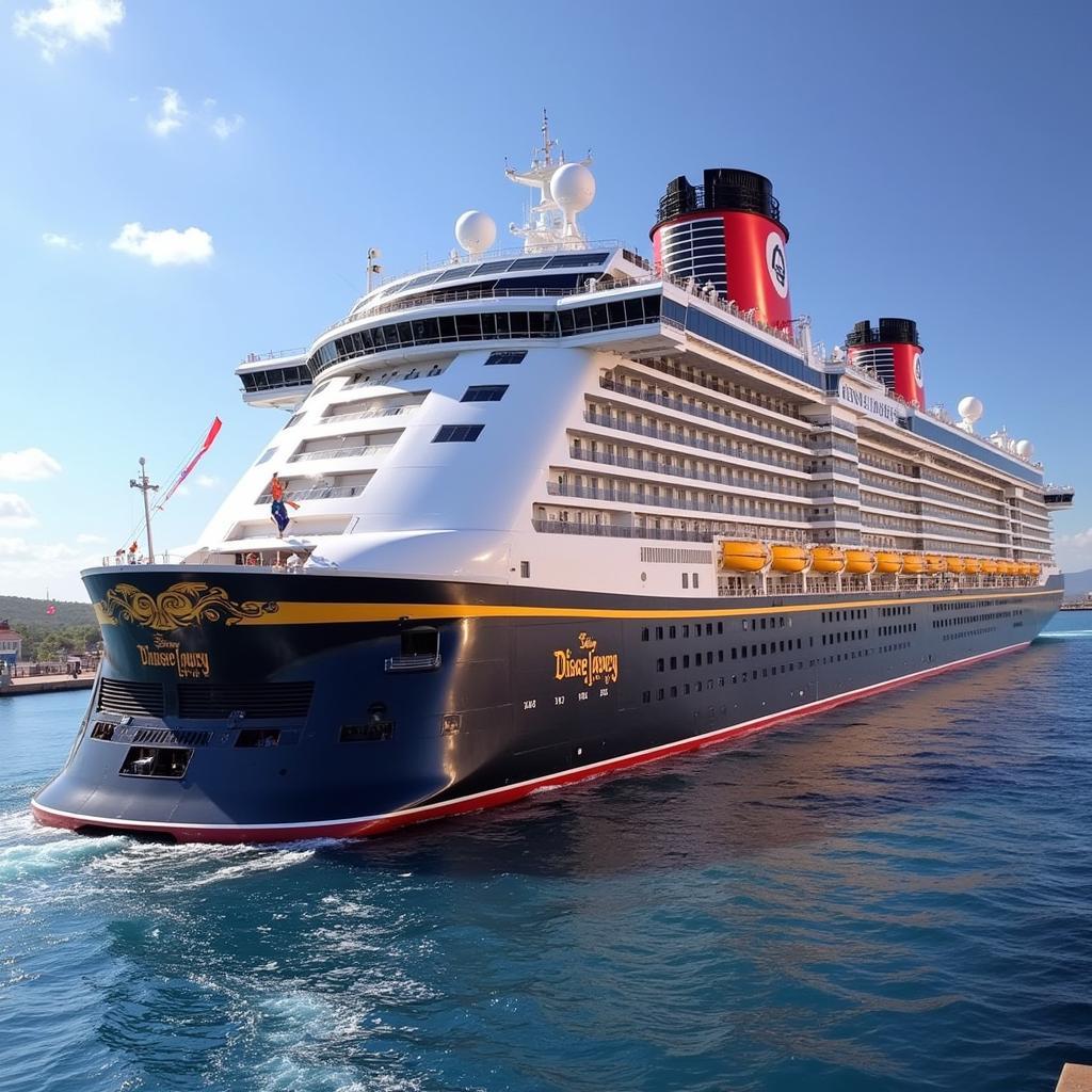 A majestic Disney cruise ship adorned with the 1820 Society flag, sailing on a picturesque ocean.