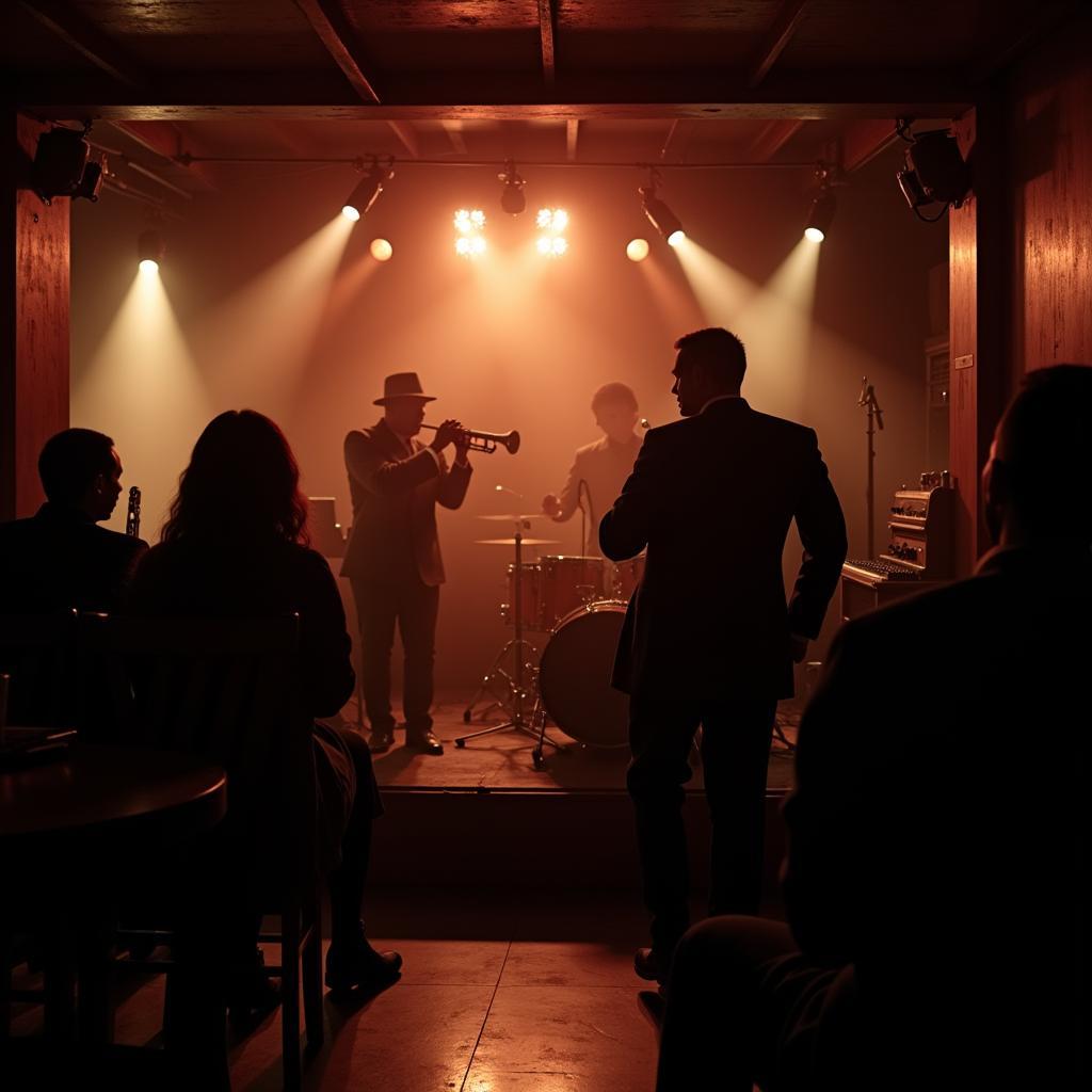 A jazz band performing in a speakeasy, reflecting the vibrant music scene of the era