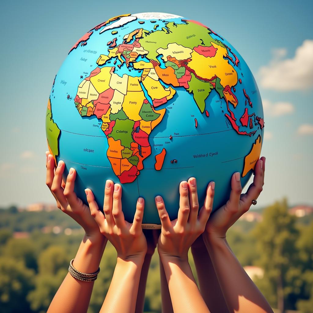 A globe surrounded by hands of diverse people