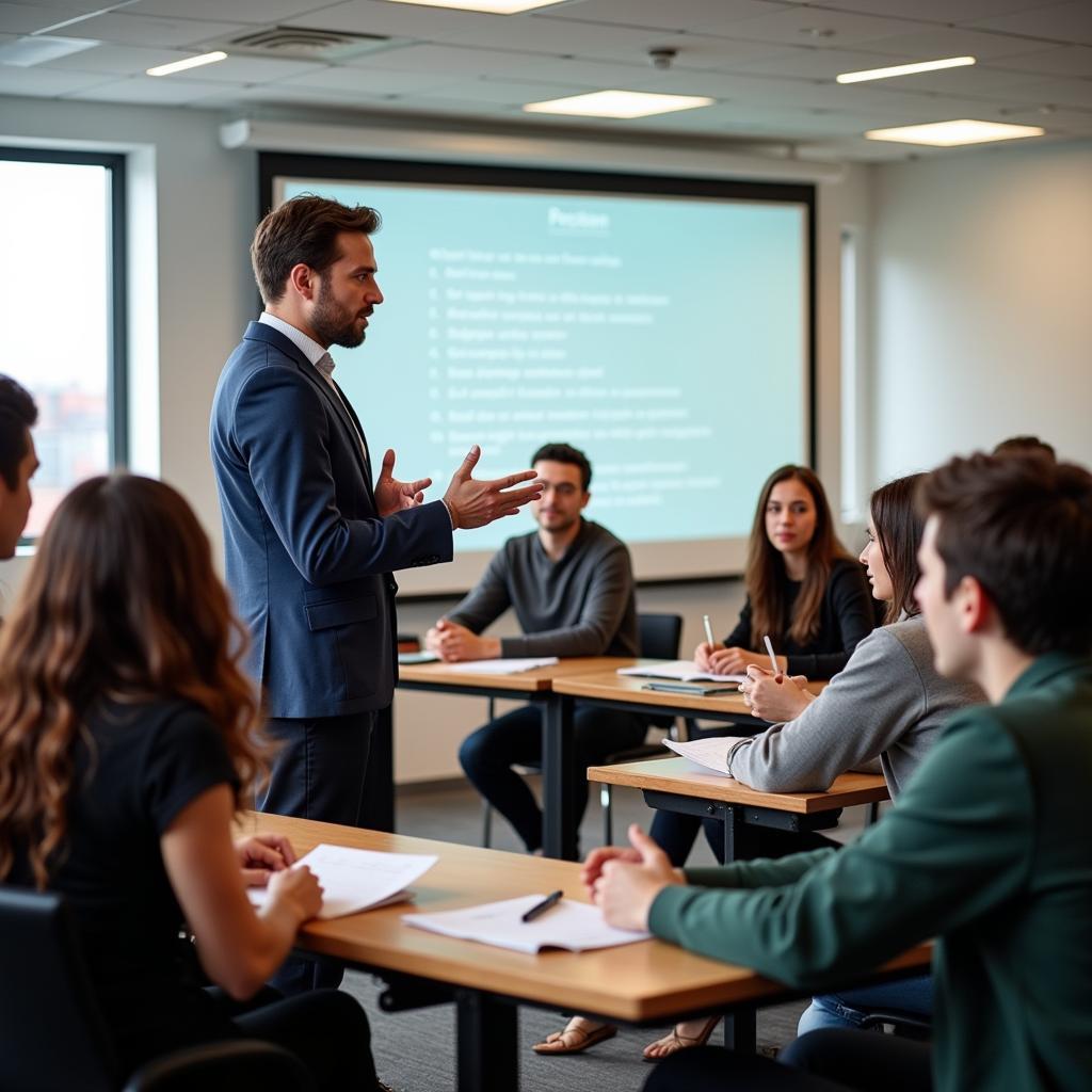 A professor leading a discussion in a diverse classroom