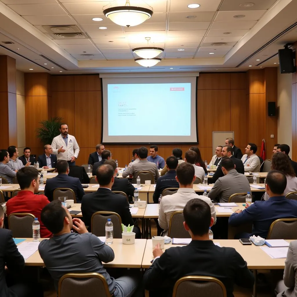 A bustling medical conference taking place in Yerevan, Armenia, with Armenian and Armenian American doctors in attendance.