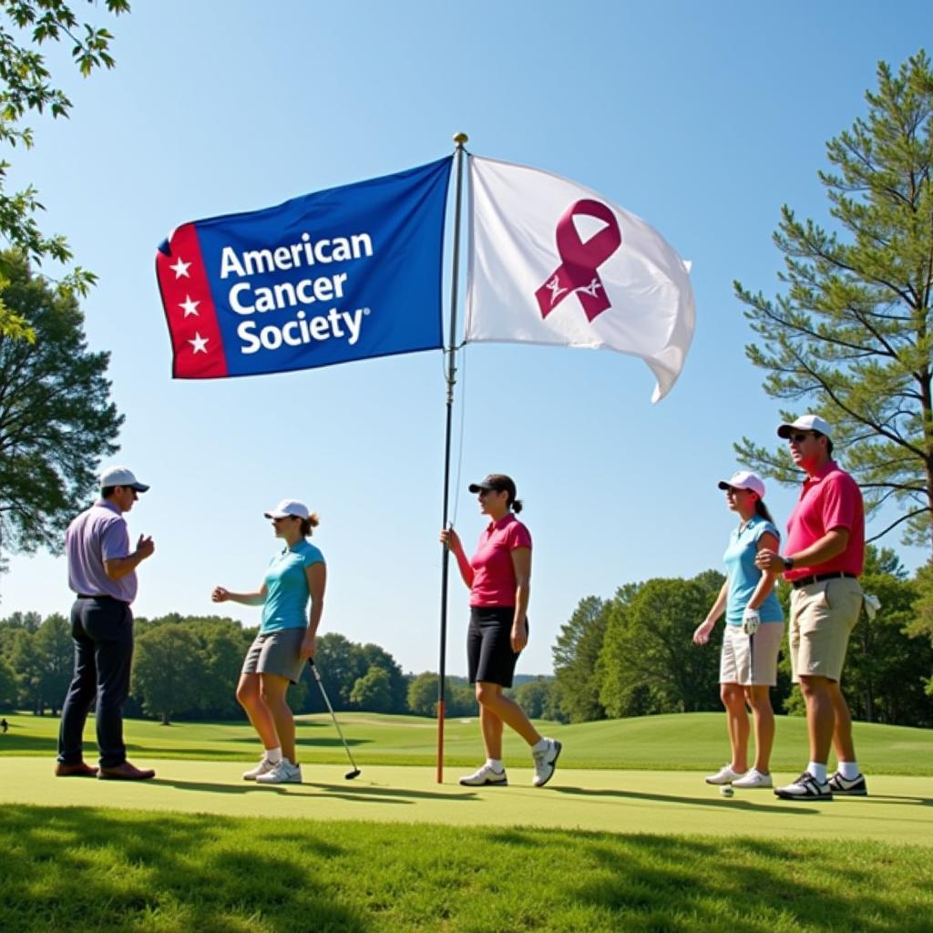 Golfers enjoying a round of golf with the ACS logo in the background