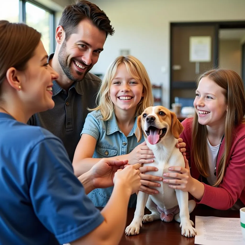 Family meeting a dog at an adoption event