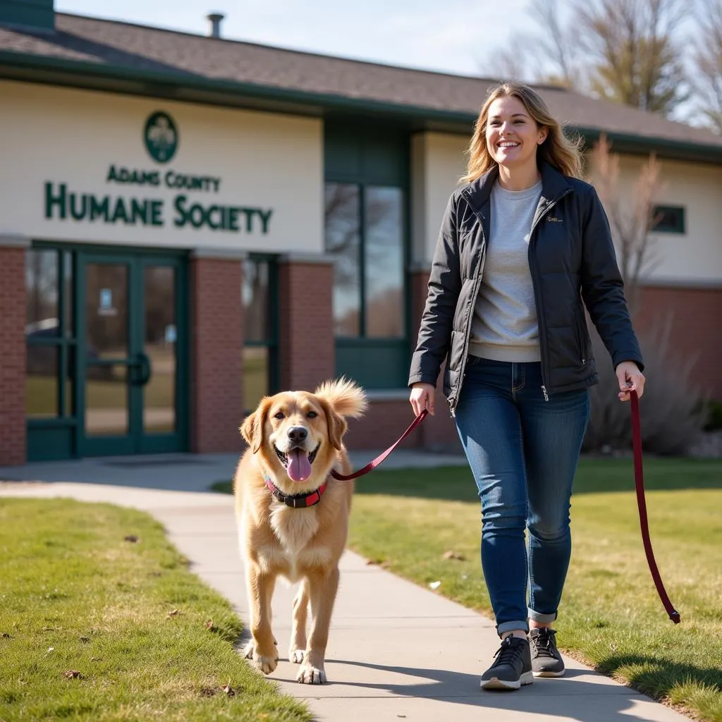 Volunteer walking a dog at Adams County Humane Society