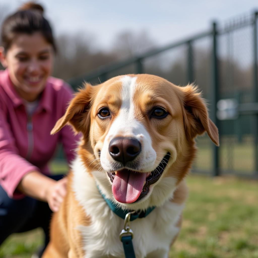 An adorable adoptable dog waits patiently at Tri-County Humane Society