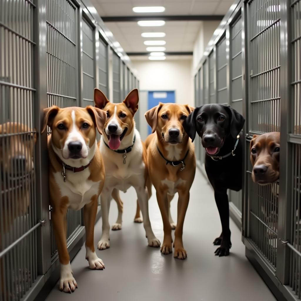 Several dogs of various breeds eagerly await adoption at the Humane Society of Mandan. They are situated in a clean and spacious kennel area.