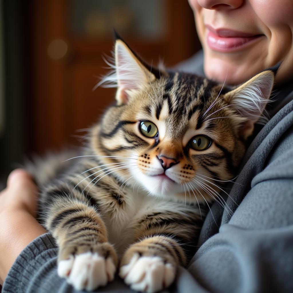 Content adopted cat cuddles with its owner