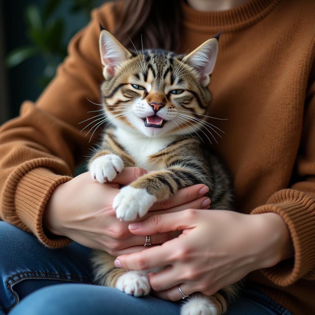 Adopted Cat Cuddling with Owner