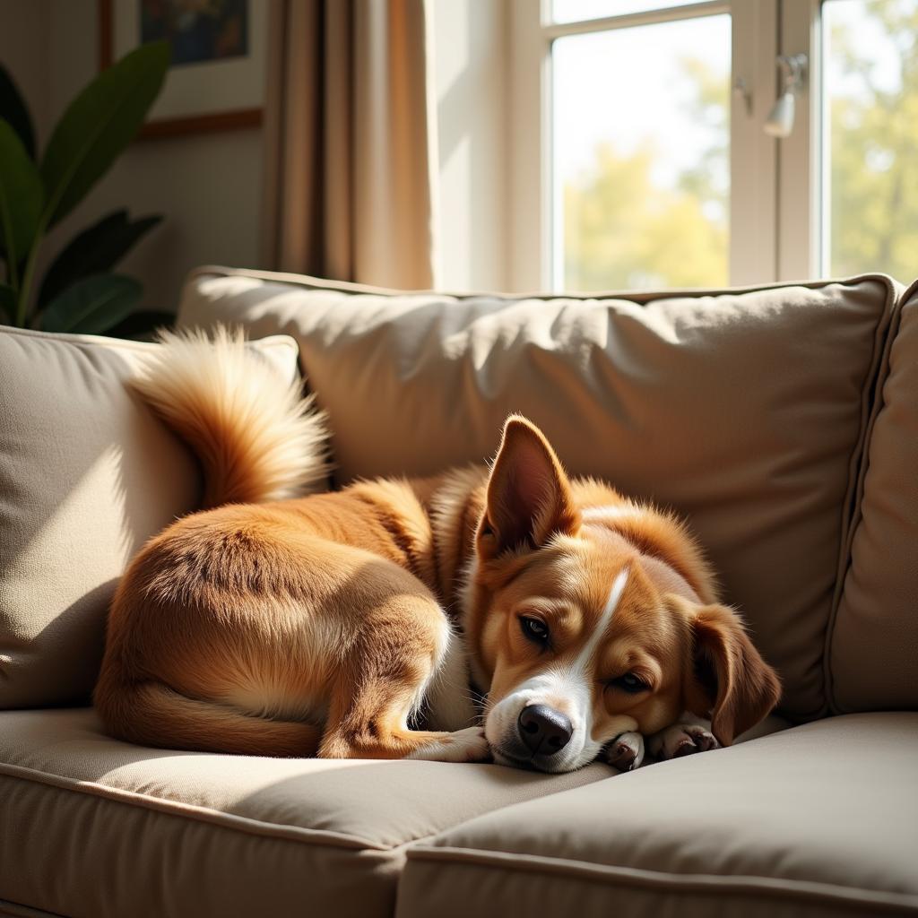 A happy dog lounging on a couch in its new home, clearly content and loved.