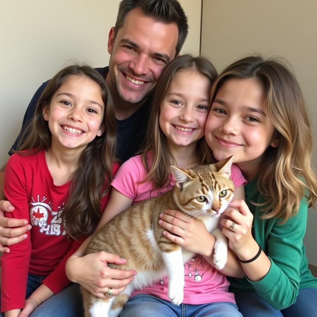 A happy family holding their new feline friend from Rancho Coastal