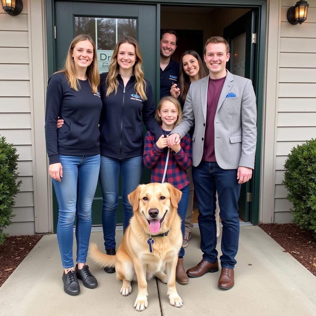 A heartwarming image of a family adopting a dog at the Humane Society