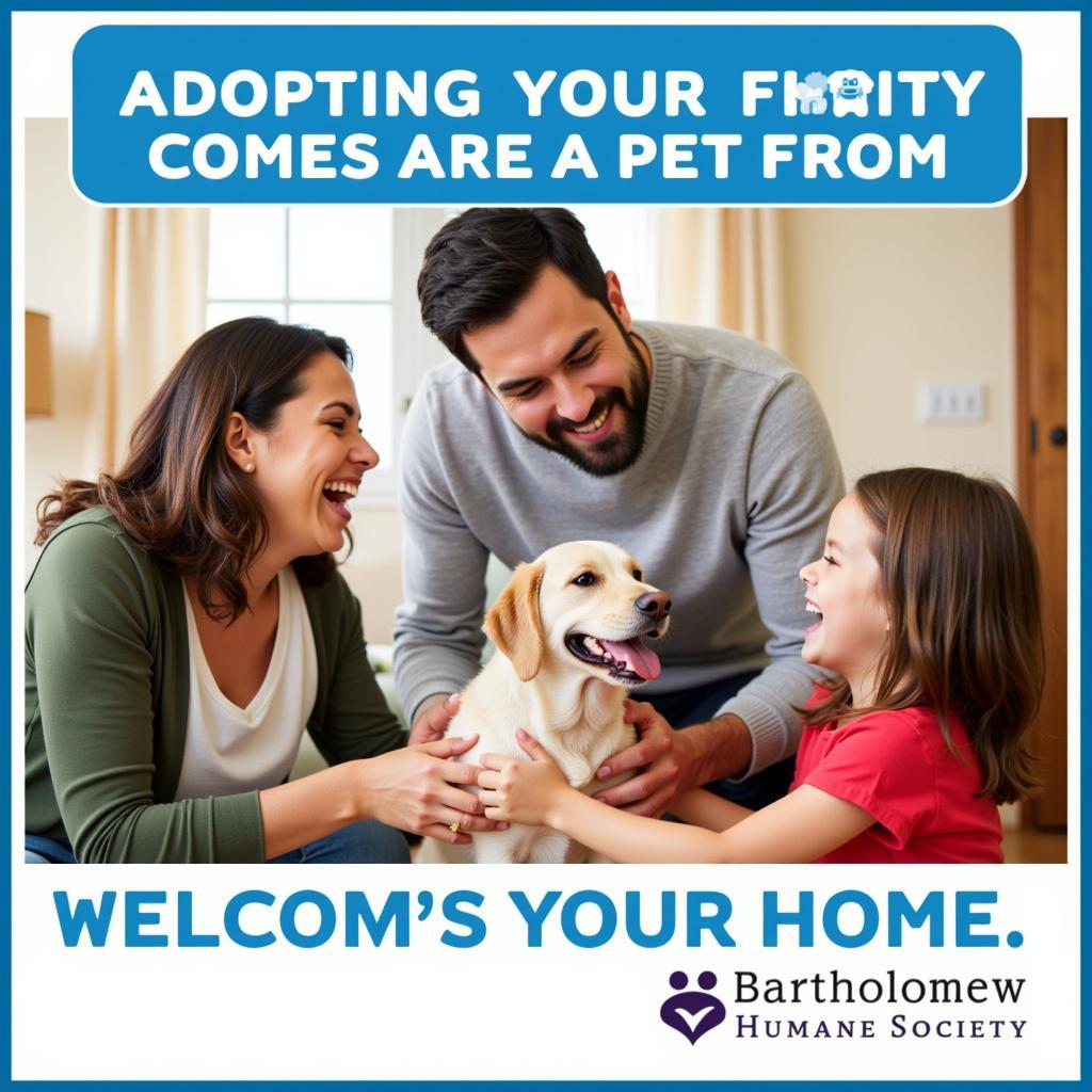 A happy family smiling and hugging their newly adopted dog outside the Bartholomew Humane Society.