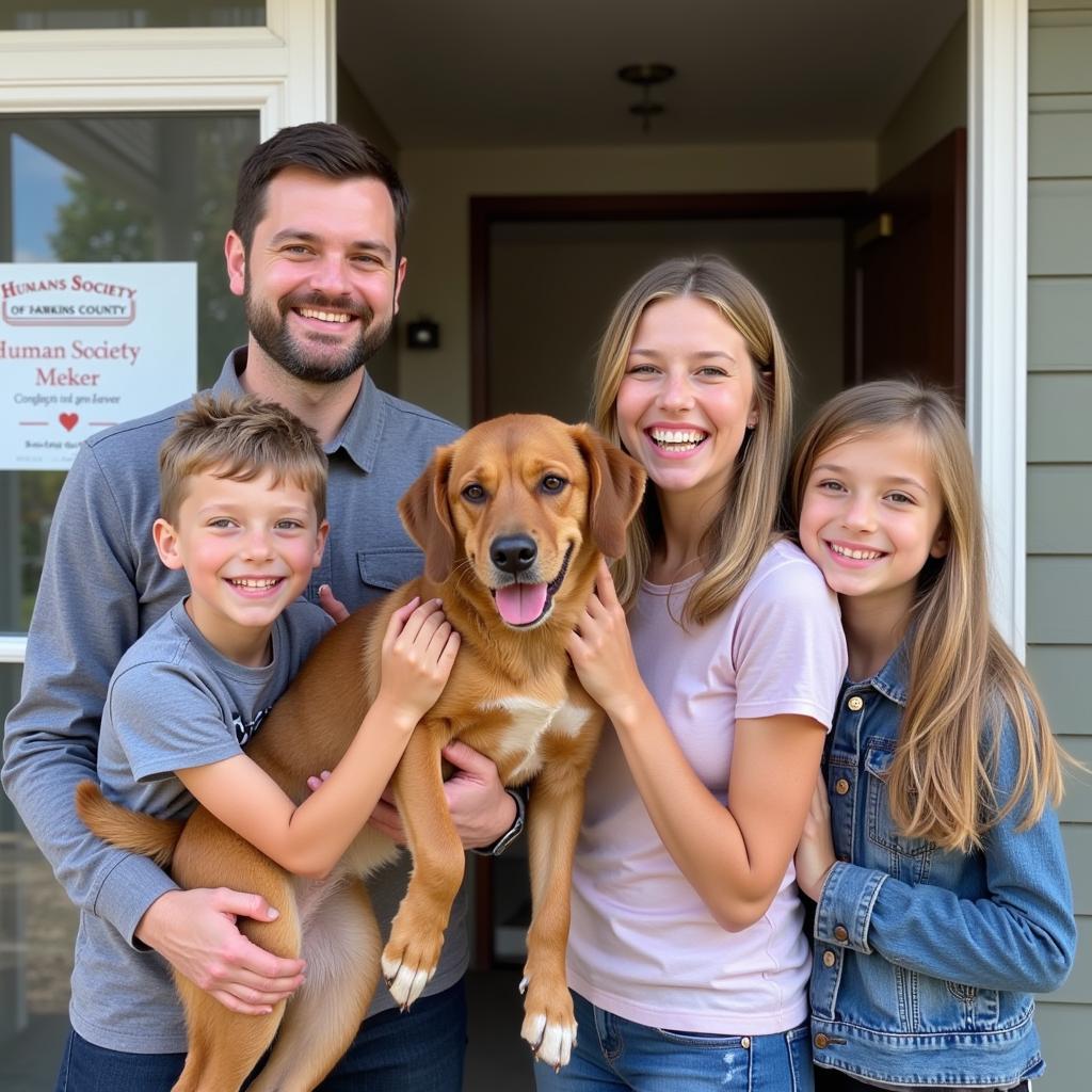 A smiling family holds their newly adopted dog outside the Humane Society of Hawkins County