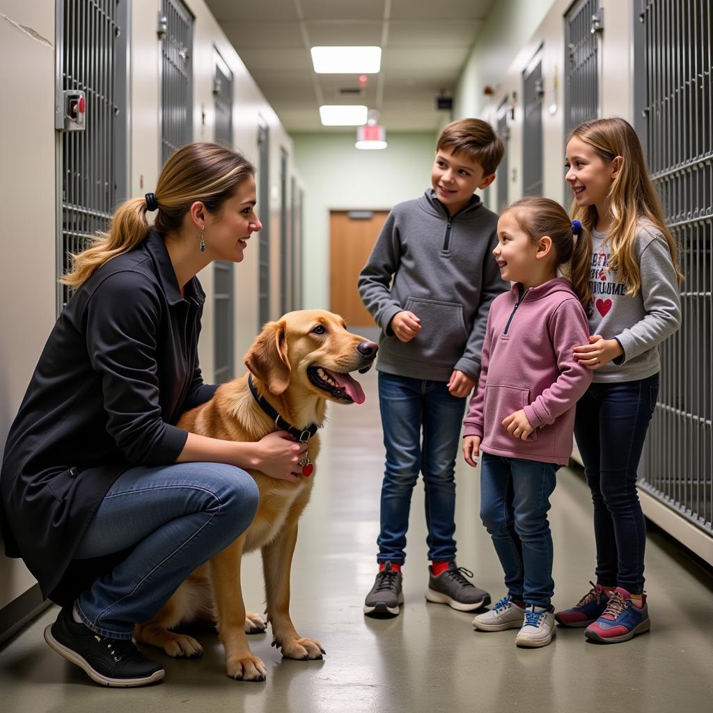 An adoption counselor helps a family choose a dog