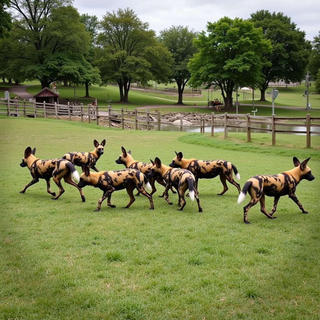 African painted dogs exploring their habitat at the Pittsburgh Zoo