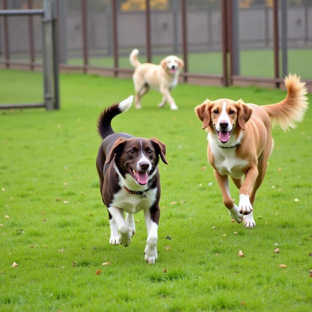 A happy adopted dog enjoying playtime with their new owner at a lush Alabama dog park.