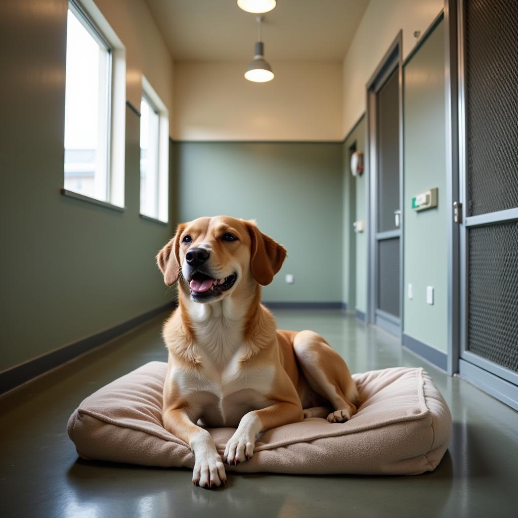 A dog relaxes in a comfortable kennel at the Alexander City Humane Society shelter