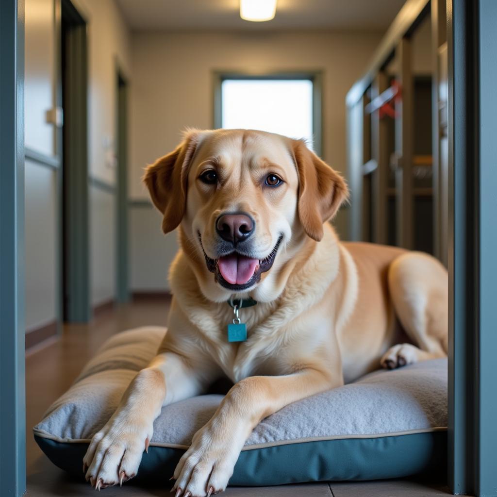 Dog peacefully resting in a clean and spacious kennel at the Alexander County Humane Society