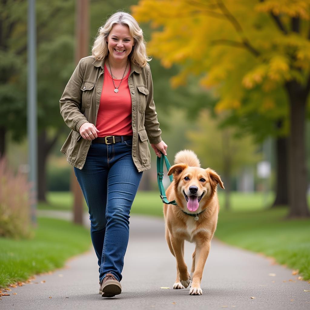 A volunteer walking a dog from the Allegan Humane Society.