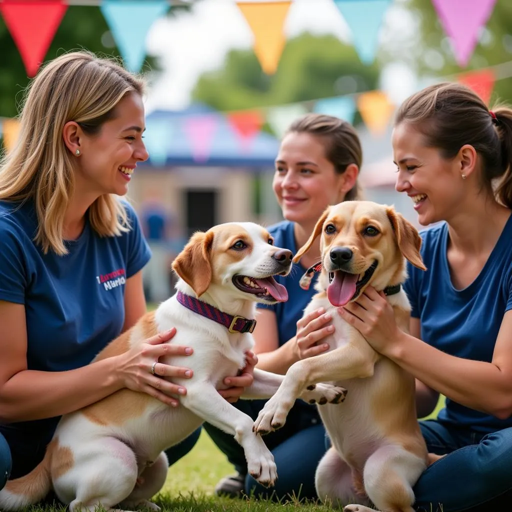 Smiling volunteers and staff interact with adorable dogs at an Allen County Humane Society adoption event.