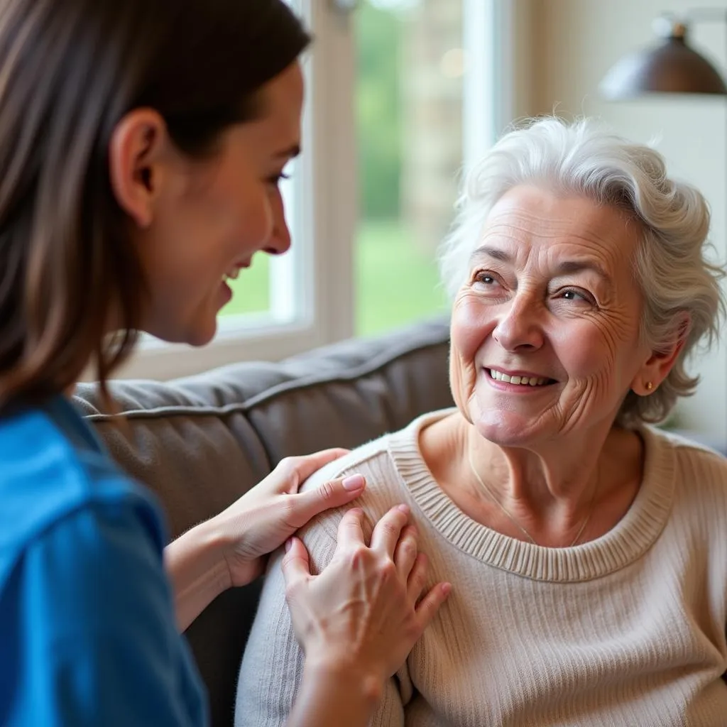 An Alzheimer's Society support worker compassionately assists an elderly woman.