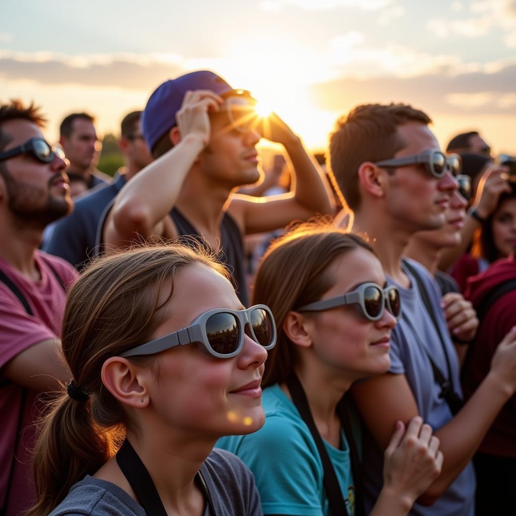 Group of people observing a solar eclipse