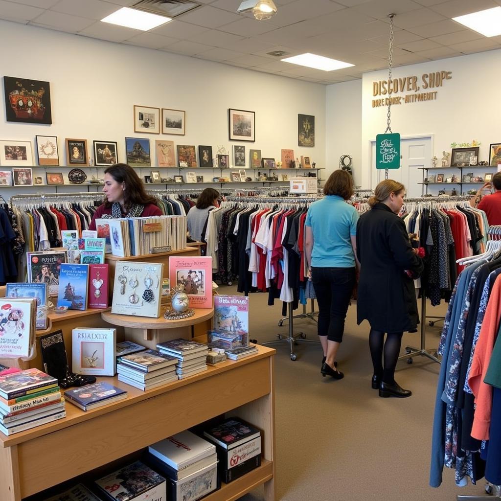 Bright and welcoming interior of the American Cancer Society Discovery Shop in Los Gatos, California, filled with unique and gently used items for sale.