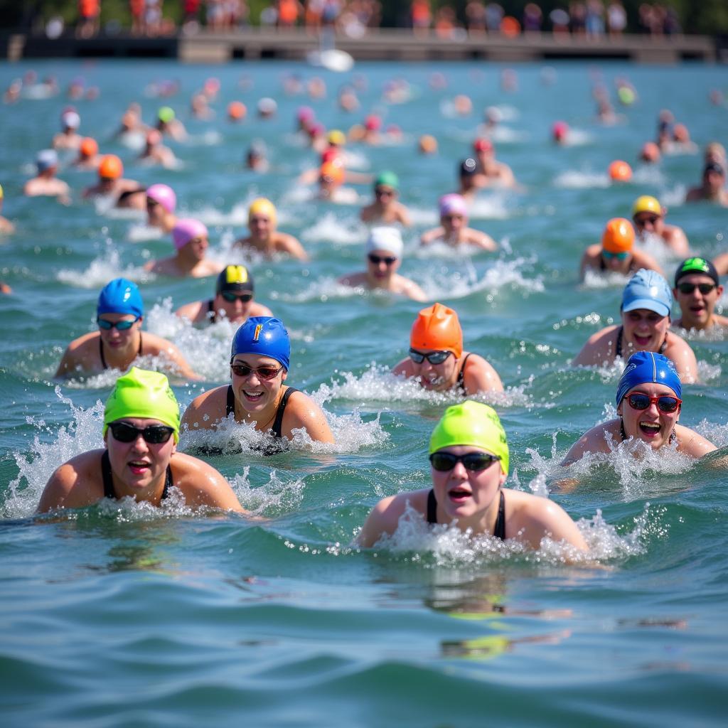 Swimmers participating in the American Cancer Society Swim 5 Miles event