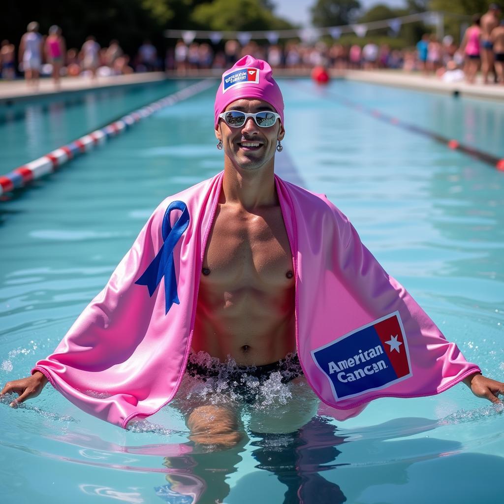  A swimmer, their face lit with a mix of exhaustion and exhilaration, crosses the finish line of the American Cancer Society Swim 5 Miles event as volunteers and fellow participants cheer them on.