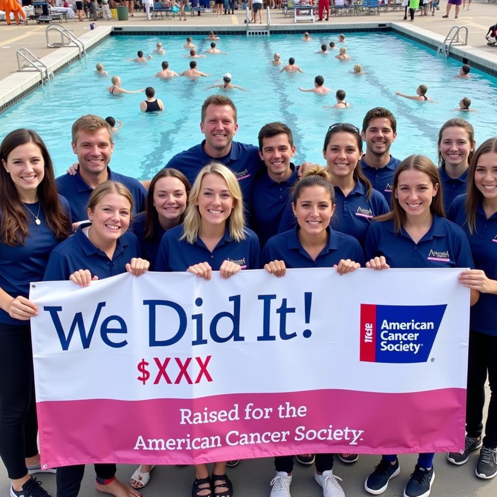 A group of volunteers cheering on the participants of the American Cancer Society Swim 5 Miles event with a banner showcasing the amount of funds raised.