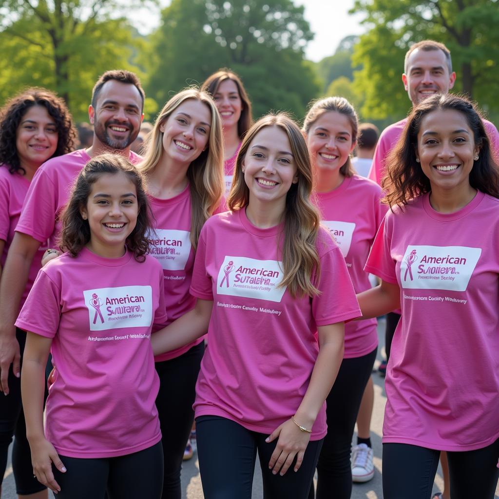 Group of volunteers wearing American Cancer Society t-shirts at a fundraising event.