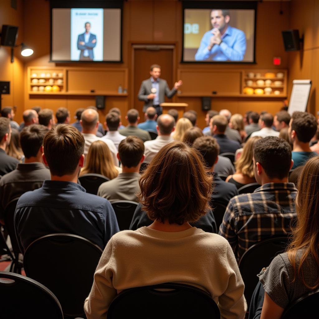 Attendees at the American Cheese Society Conference engaging in a seminar led by a cheese expert