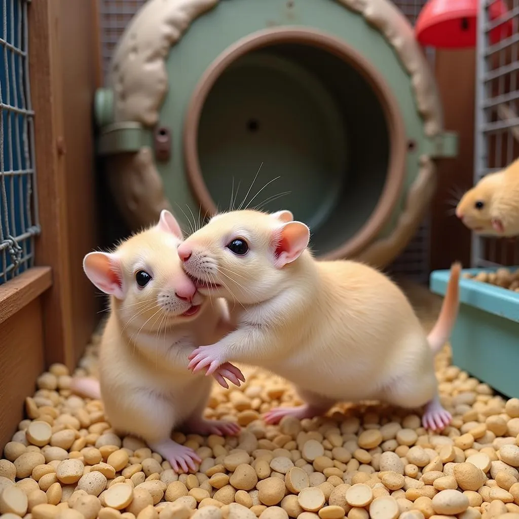 Gerbils playfully interacting in a cage