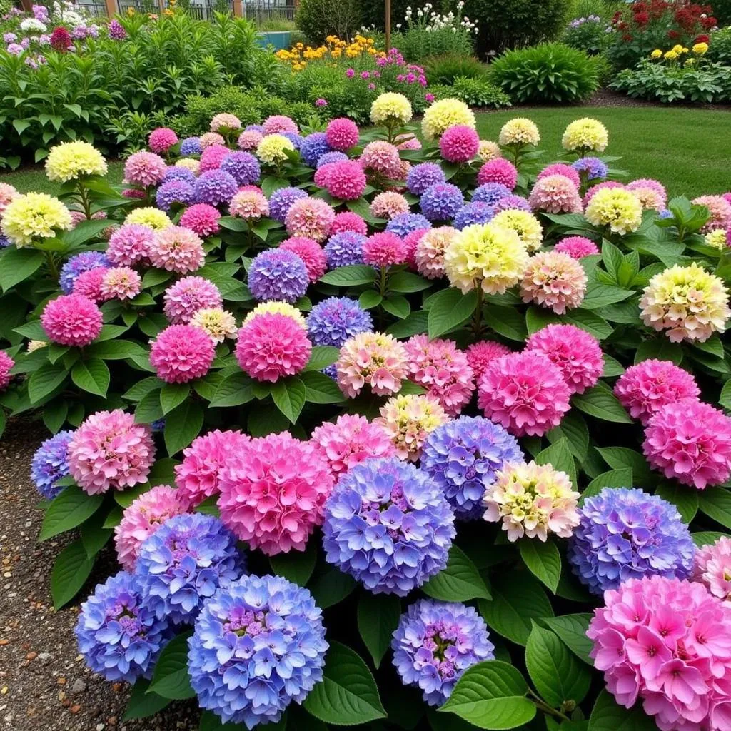 A lush garden showcasing a diverse collection of hydrangeas