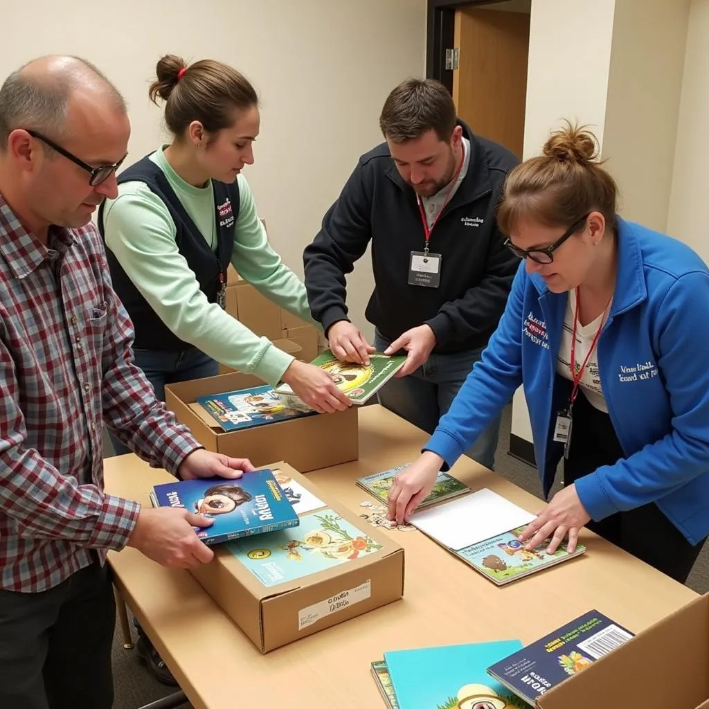 Volunteers packing educational materials for distribution