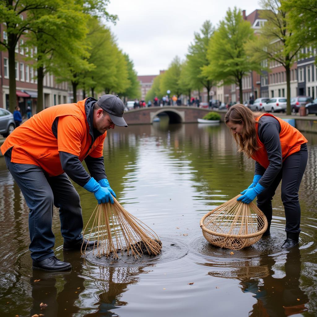 Volunteers cleaning up the canals in Amsterdam