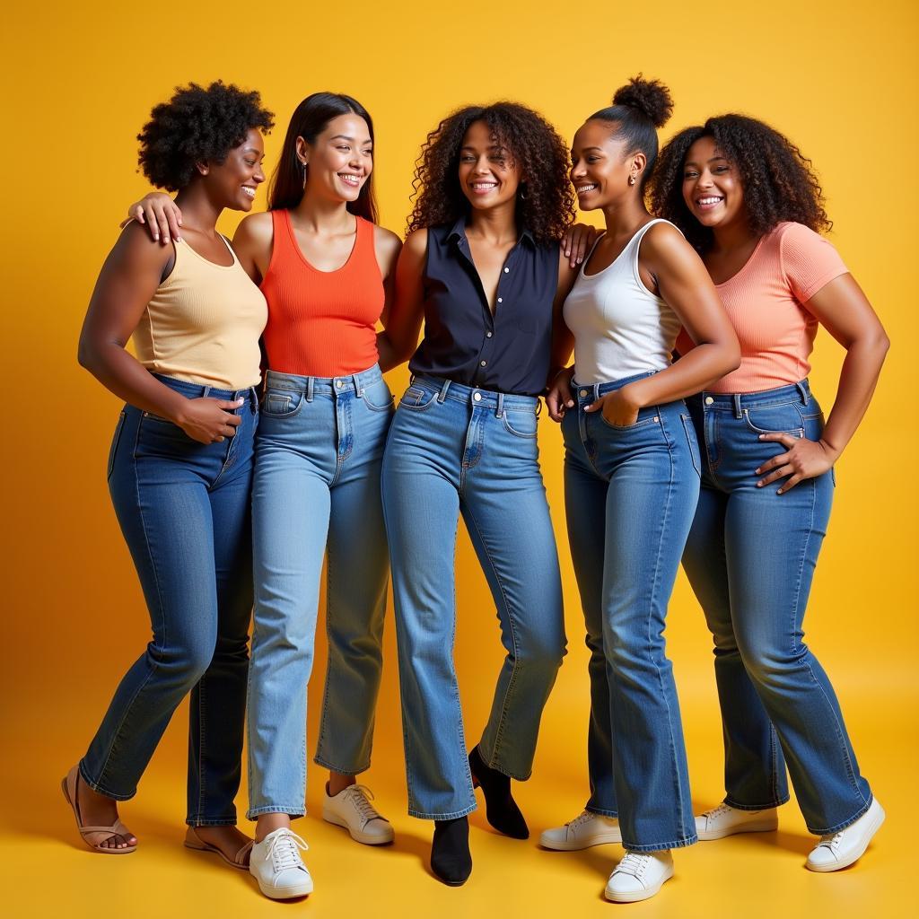 A diverse group of people smiling and laughing while wearing Amuse Society jeans.