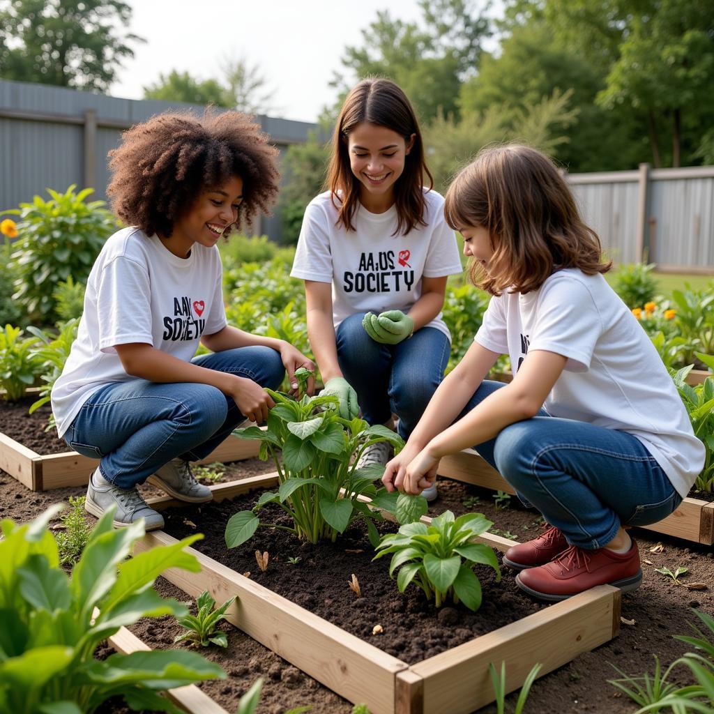 A group of people wearing Amuse Society jeans volunteering at a community garden.