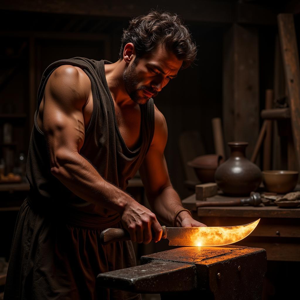 Ancient craftsman forging a knife