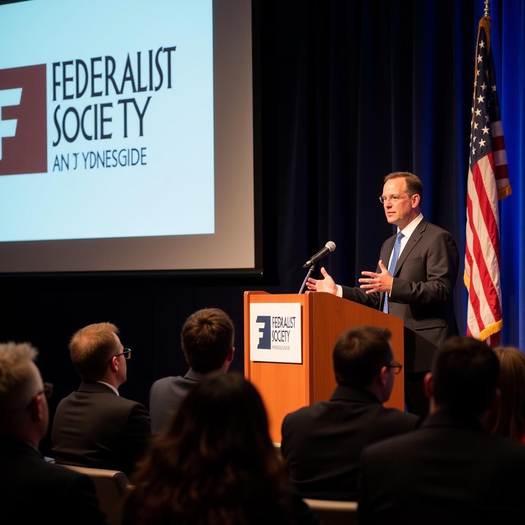 Andrew Bain speaking at a Federalist Society Event