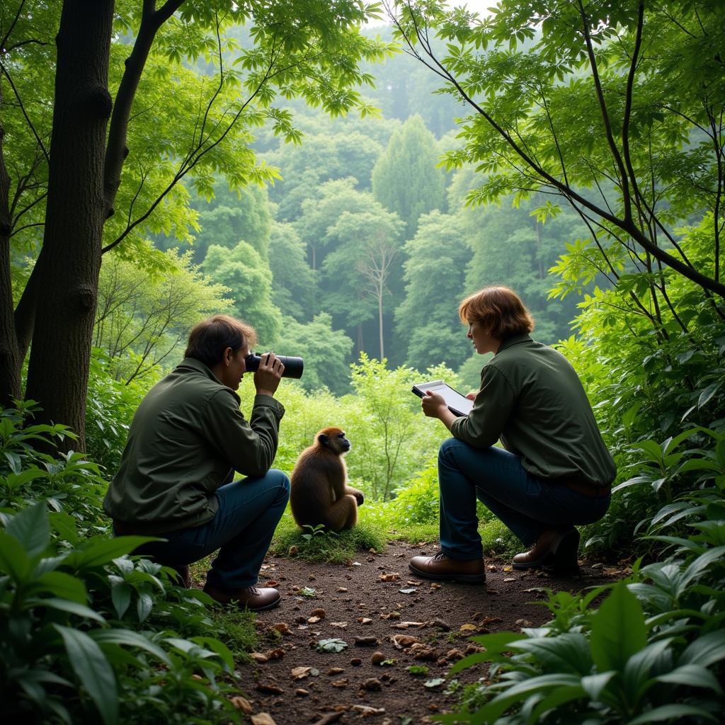 Researchers observing animal behavior in their natural habitat