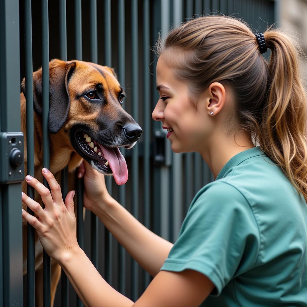 Animal Caretaker comforting a dog in a kennel