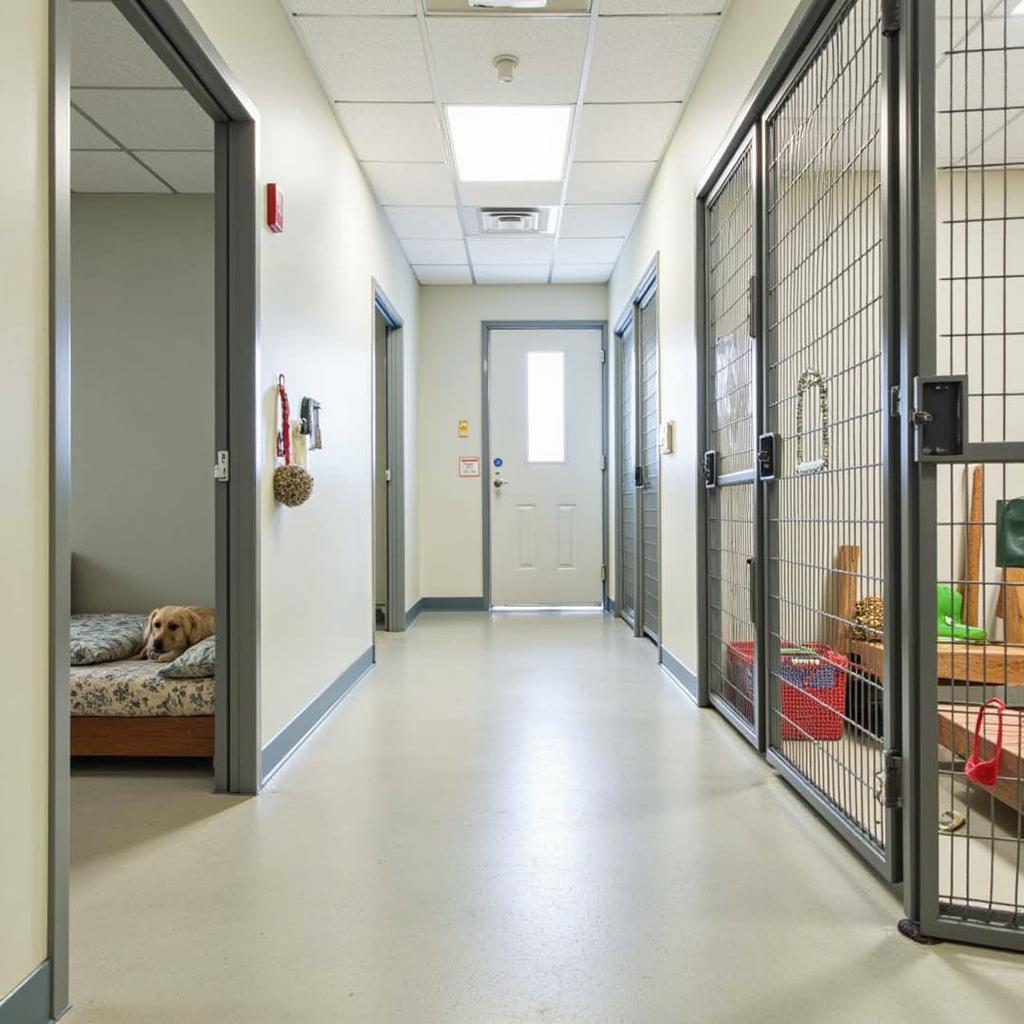 Spacious and clean animal shelter interior with comfortable bedding