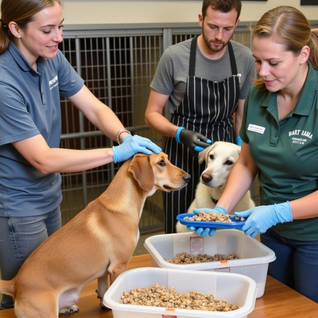 Volunteers at an animal shelter caring for dogs