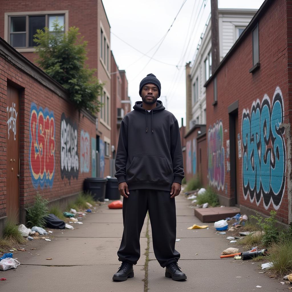 Anthony from Menace II Society - A young black man stands solemnly against a backdrop of urban decay, his expression reflecting a mix of defiance and resignation.