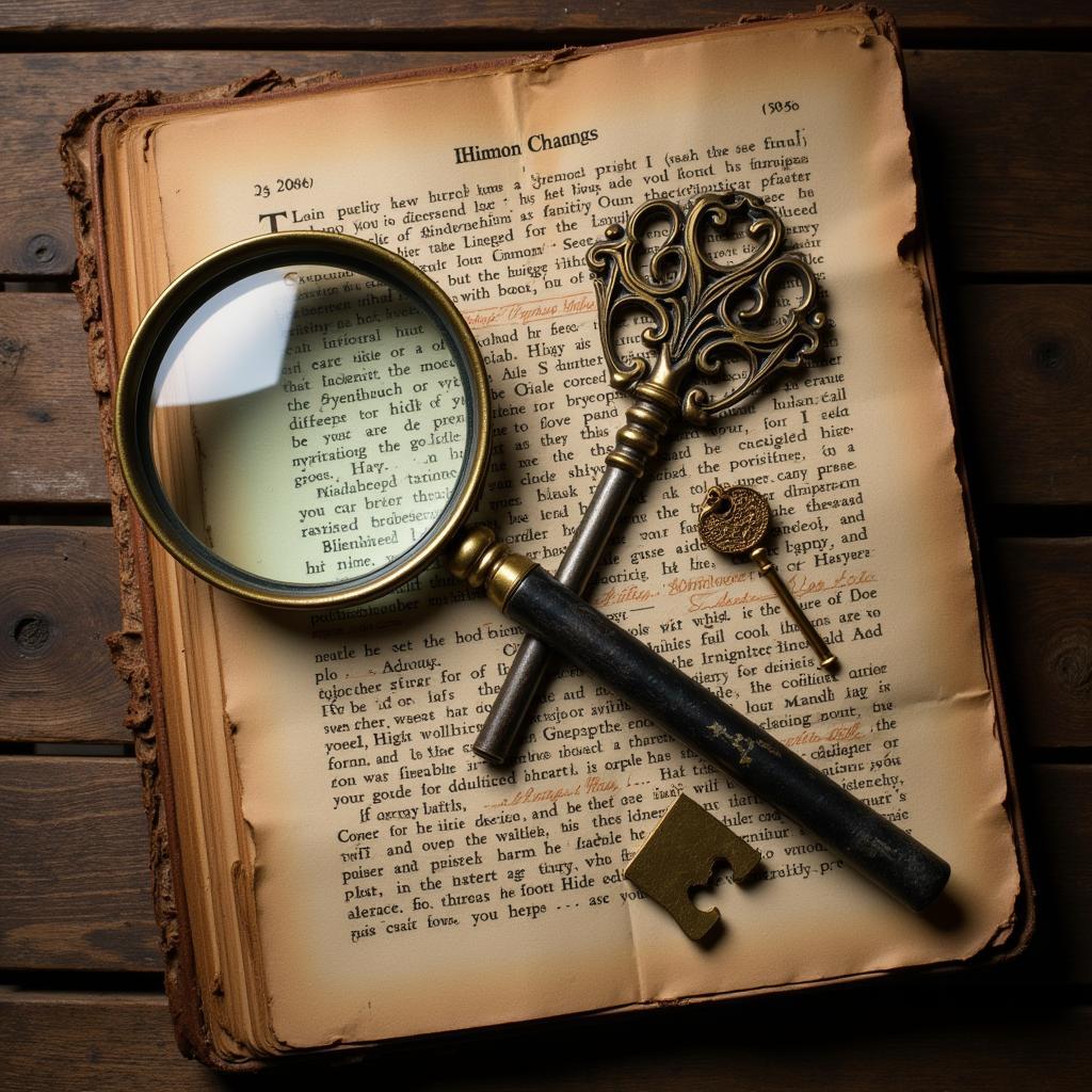 Antique key and magnifying glass resting on an aged manuscript