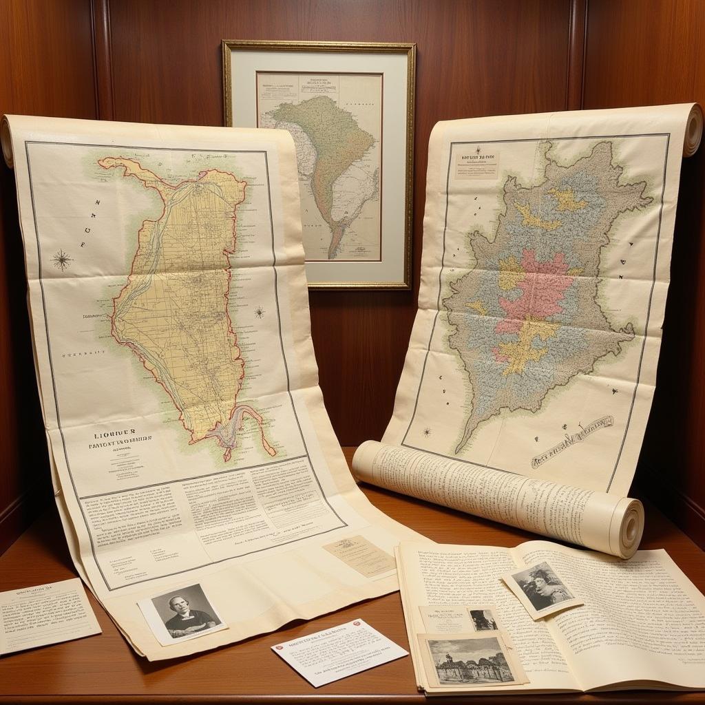 Antique maps and documents displayed in the Hampton Historical Society.