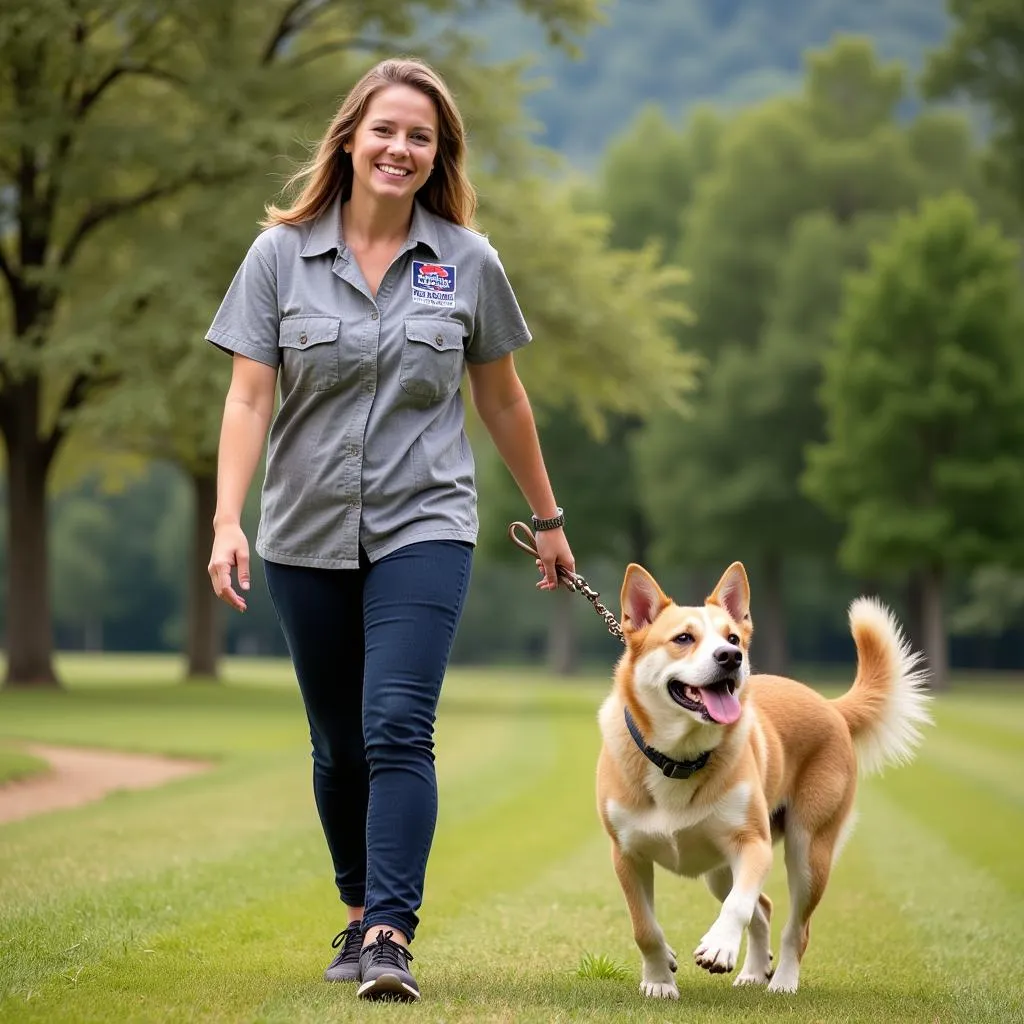 Volunteer walking a dog at the Arkadelphia Humane Society