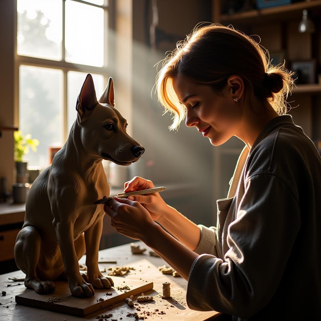 An artist meticulously shaping the clay of a dog statue in their studio.