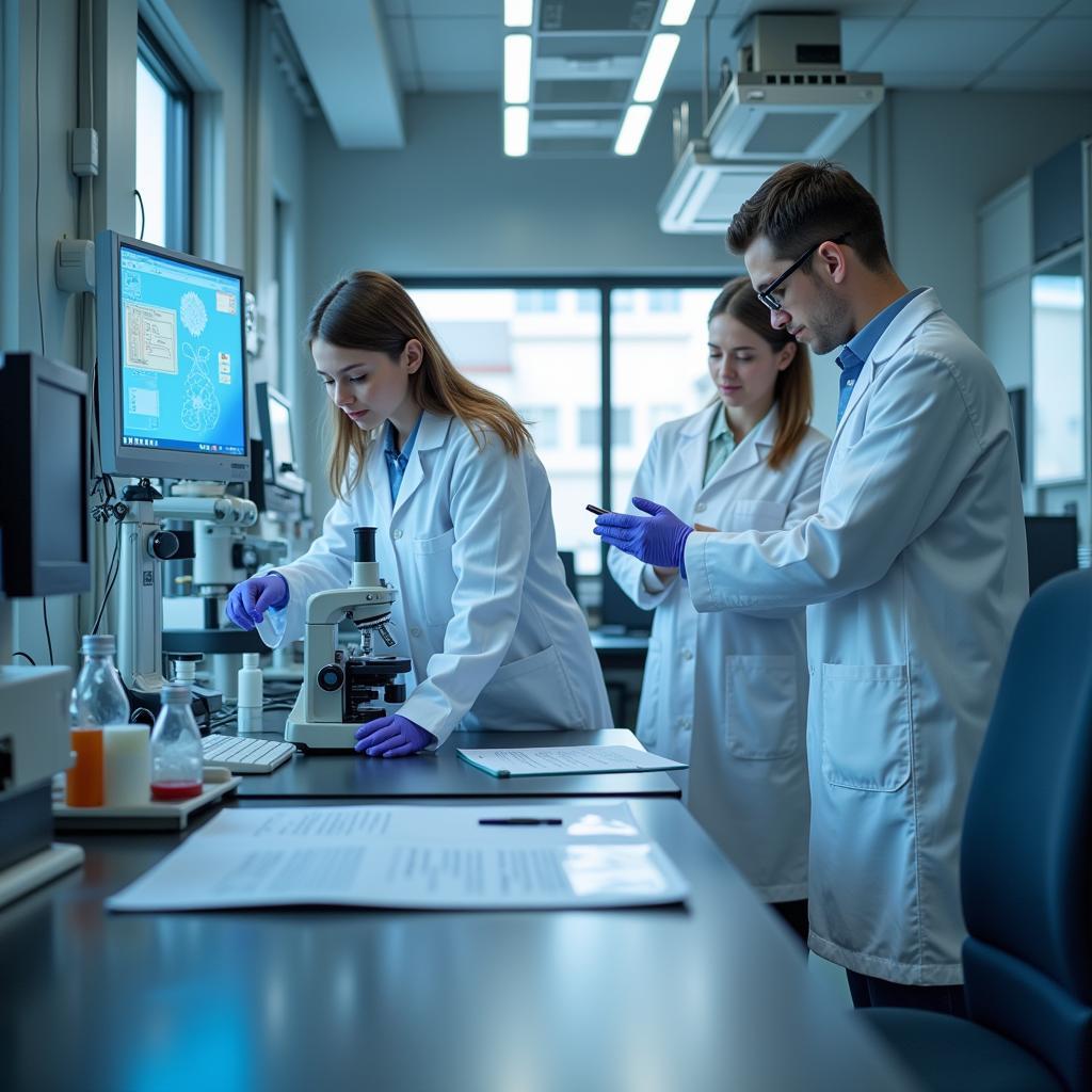 Scientists conducting research in a laboratory setting, focused on advancing pediatric nephrology.